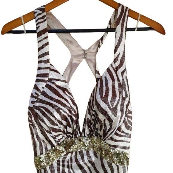 Y2K La Femme Racerback Dress 10 Formal Metallic Bronze Zebra Plunging V Strappy - Picture 4 of 11